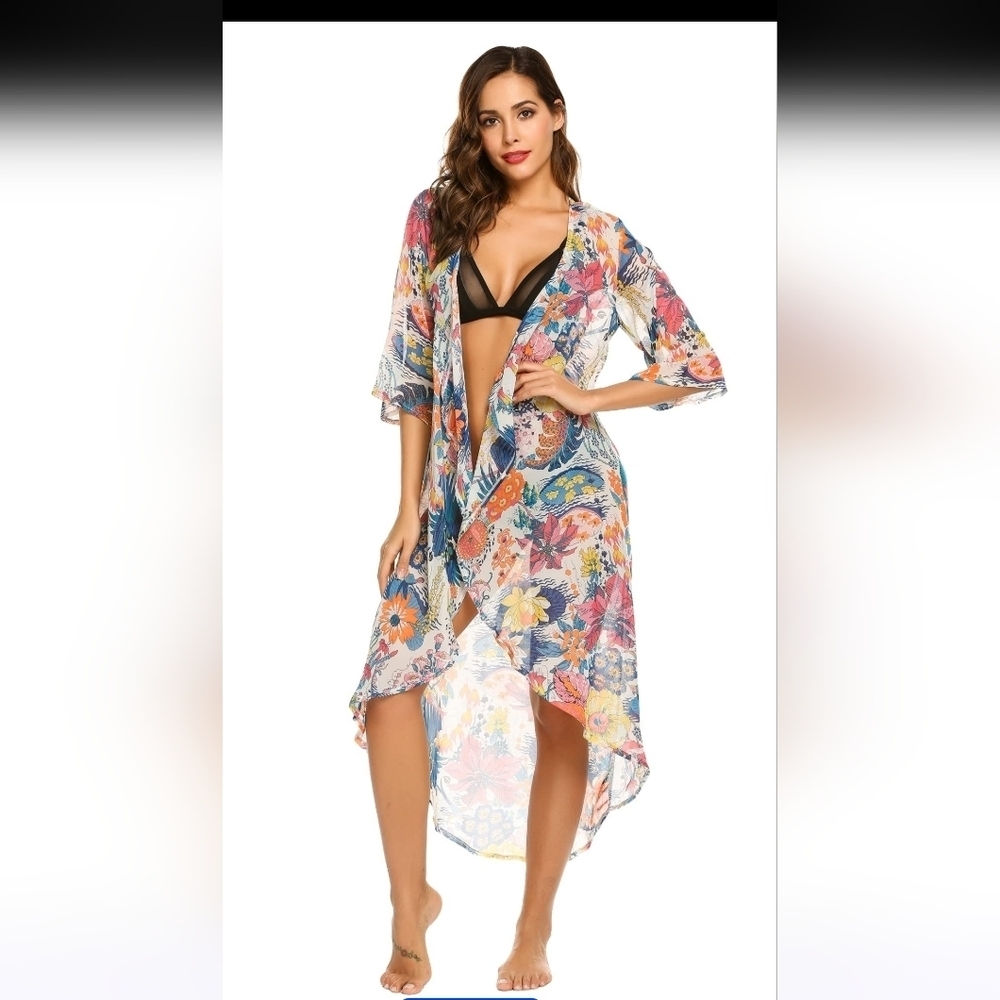 Ekouaer Women's Long Floral Cardigans Chiffon Cover Up Sheer Kimono